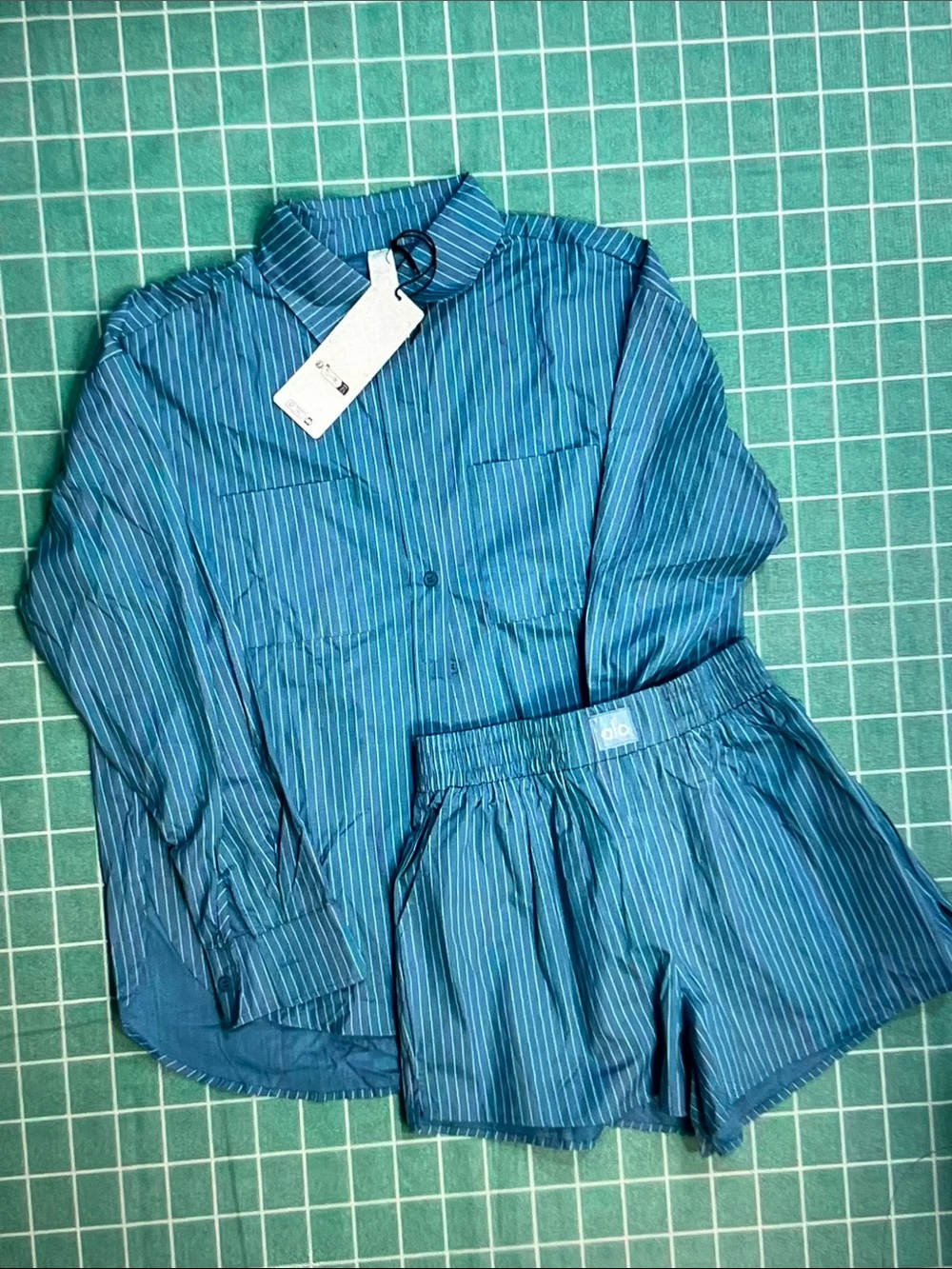 ALO Yoga Teal Pinstripe Button-Up Blouse